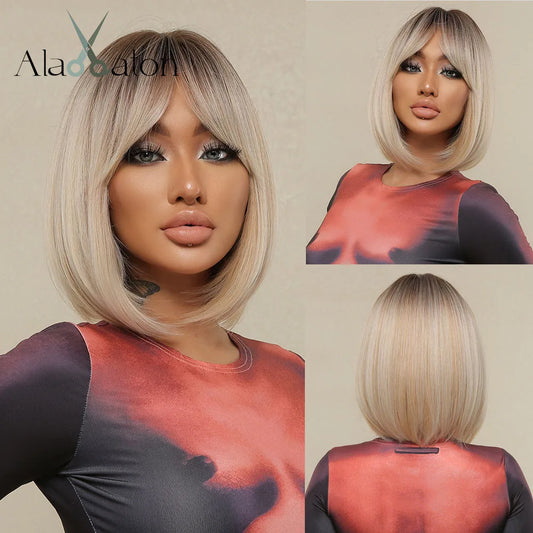 ALAN EATON Platinum Blonde Synthetic Wigs for Women Hihlight Short Straight Bob Wig with Bangs Daily/Party Hair Heat Resisitant