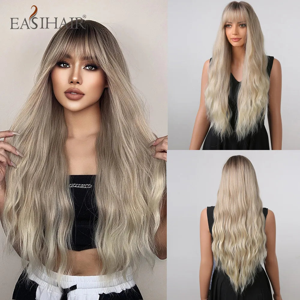EASIHAIR Ash Blonde Wavy Cosplay Wigs with Bangs Natural Long Synthetic Hairs for Women Lolita Party Heat Resistant Fibers Wig
