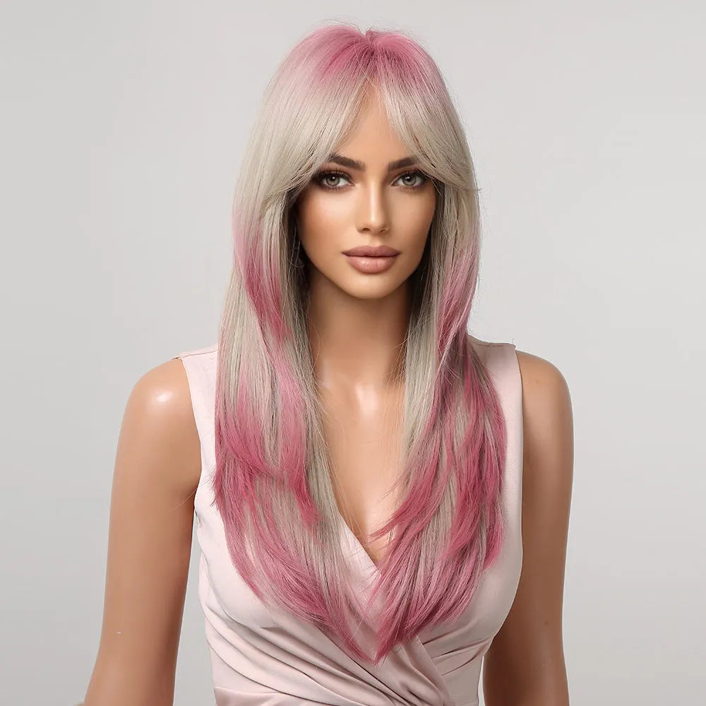 Gray Ash Blonde Pink Highlight Synthetic Hair Wigs with Bangs Long Straight Ombre Cosplay Wig for Women Natural Layered Hair
