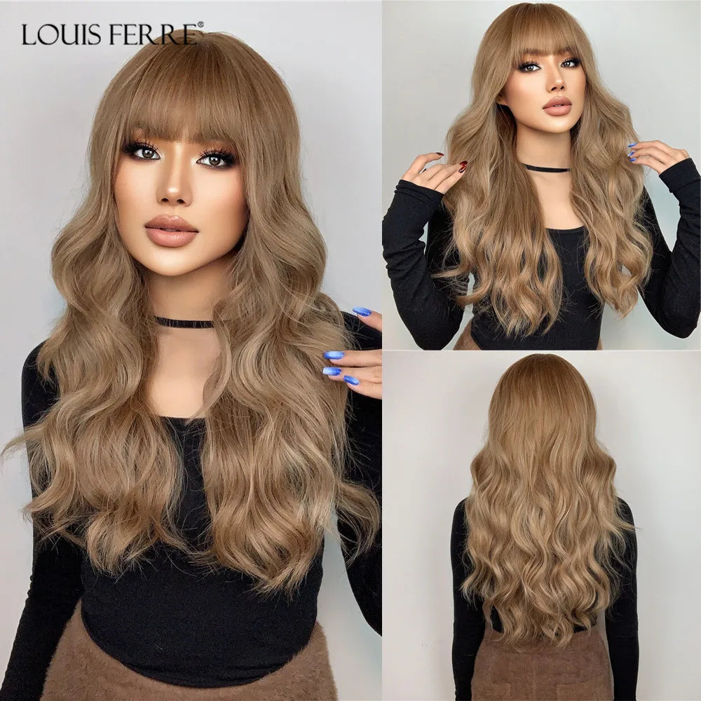 LOUIS FERRE Synthetic Black Green Ombre Long Wavy Curly Wig for Women Natural Hair With Bangs Cosplay Party Heat Resistant Wig