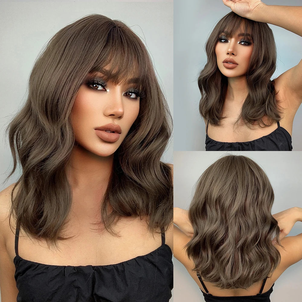 Rose Blonde Brown Short Bob Synthetic Wigs with Bangs Ash Blonde Natural Loose Wave Wig for Women Cosplay Heat Resistant Hair
