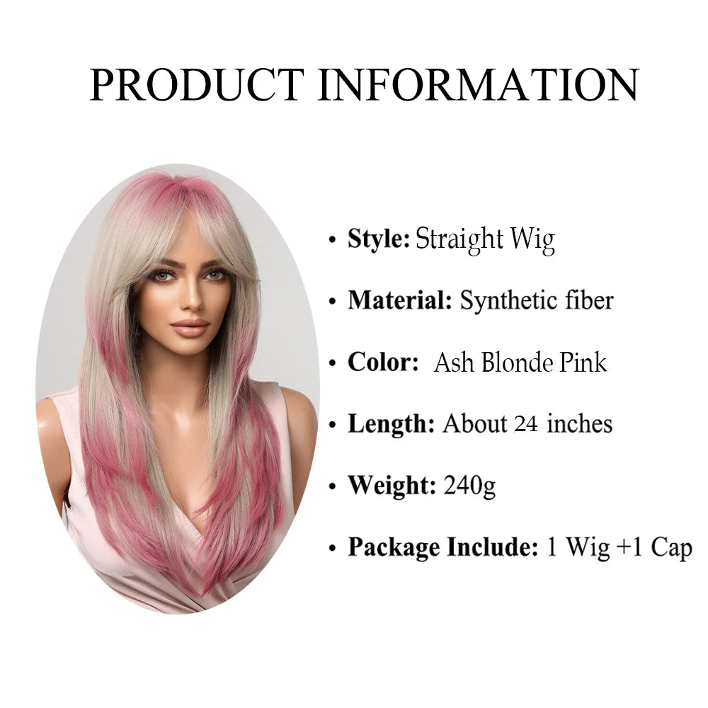 Gray Ash Blonde Pink Highlight Synthetic Hair Wigs with Bangs Long Straight Ombre Cosplay Wig for Women Natural Layered Hair