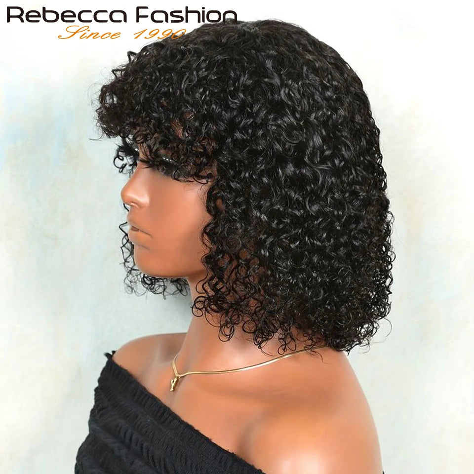 Jerry Curly Short Bob Human Hair Wigs With Bangs Wear To Go Glueless Wig Ombre 99J Water Wave Blonde Colored Wig For Women