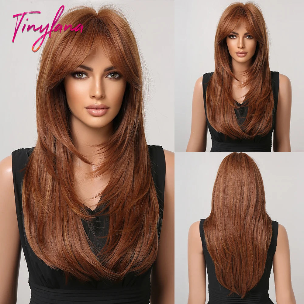 Gray Ash Blonde Pink Highlight Synthetic Hair Wigs with Bangs Long Straight Ombre Cosplay Wig for Women Natural Layered Hair