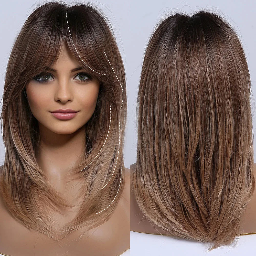 Gray Ash Blonde Pink Highlight Synthetic Hair Wigs with Bangs Long Straight Ombre Cosplay Wig for Women Natural Layered Hair