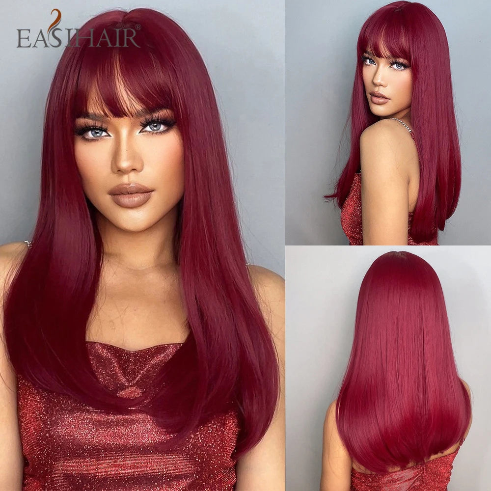 EASIHAIR Copper Ginger Synthetic Wigs with Bangs Medium Length Straight Hair Wig for Women Daily Cosplay Natural Heat Resistant