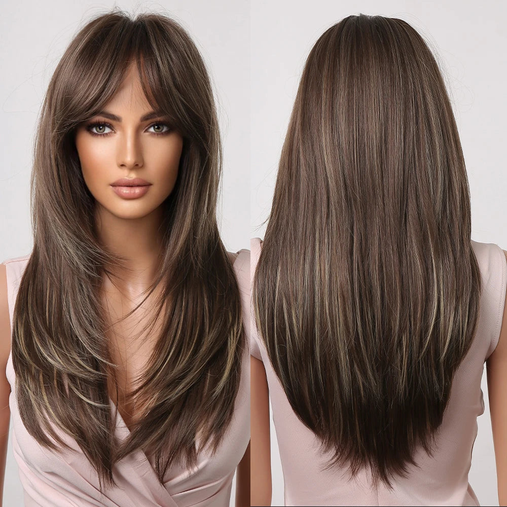 Gray Ash Blonde Pink Highlight Synthetic Hair Wigs with Bangs Long Straight Ombre Cosplay Wig for Women Natural Layered Hair