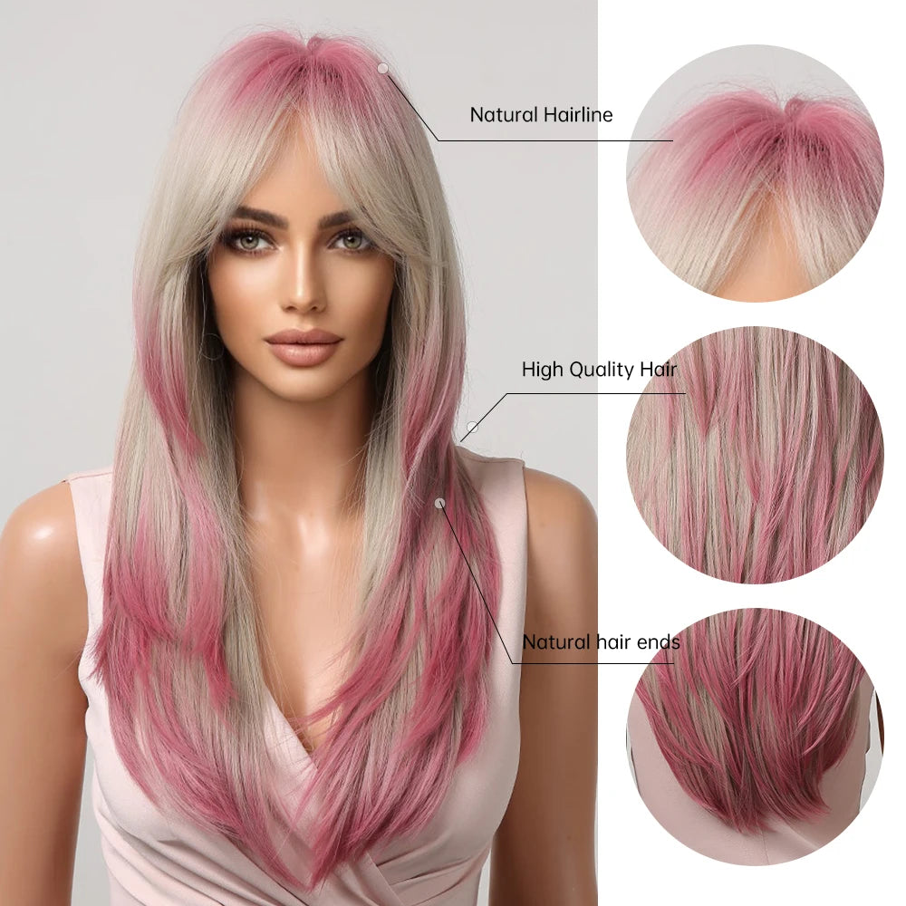 Gray Ash Blonde Pink Highlight Synthetic Hair Wigs with Bangs Long Straight Ombre Cosplay Wig for Women Natural Layered Hair