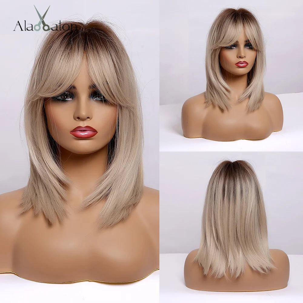 ALAN EATON Platinum Blonde Synthetic Wigs for Women Hihlight Short Straight Bob Wig with Bangs Daily/Party Hair Heat Resisitant