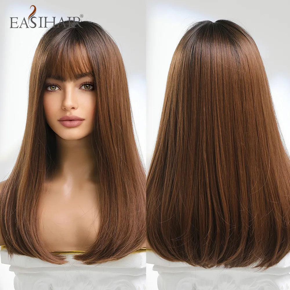 EASIHAIR Copper Ginger Synthetic Wigs with Bangs Medium Length Straight Hair Wig for Women Daily Cosplay Natural Heat Resistant