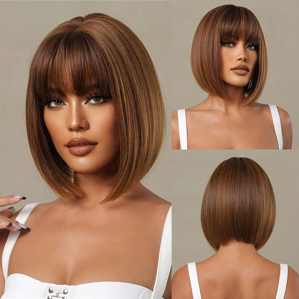 ALAN EATON Platinum Blonde Synthetic Wigs for Women Hihlight Short Straight Bob Wig with Bangs Daily/Party Hair Heat Resisitant