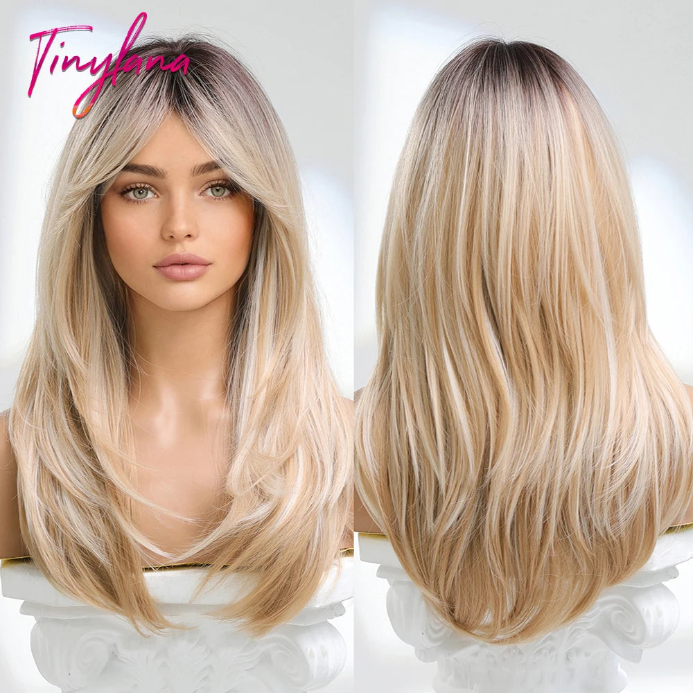 Gray Ash Blonde Pink Highlight Synthetic Hair Wigs with Bangs Long Straight Ombre Cosplay Wig for Women Natural Layered Hair