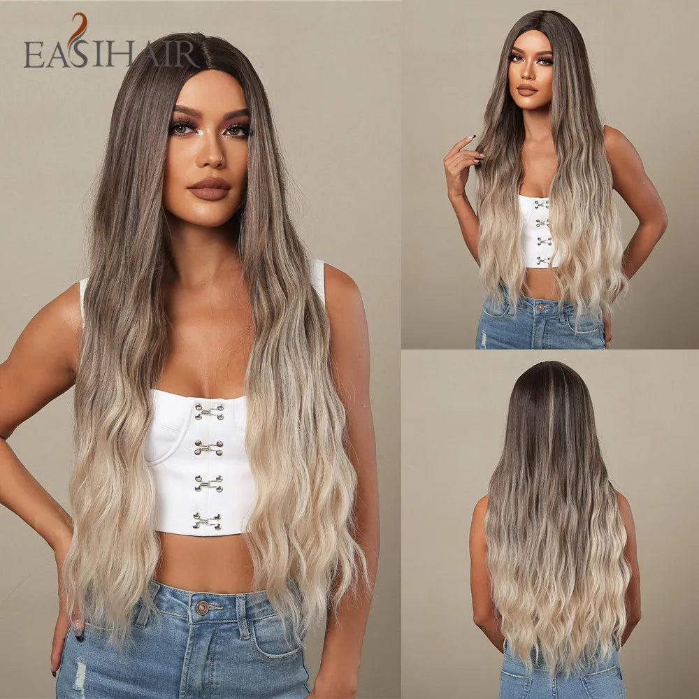 EASIHAIR Ash Blonde Wavy Cosplay Wigs with Bangs Natural Long Synthetic Hairs for Women Lolita Party Heat Resistant Fibers Wig