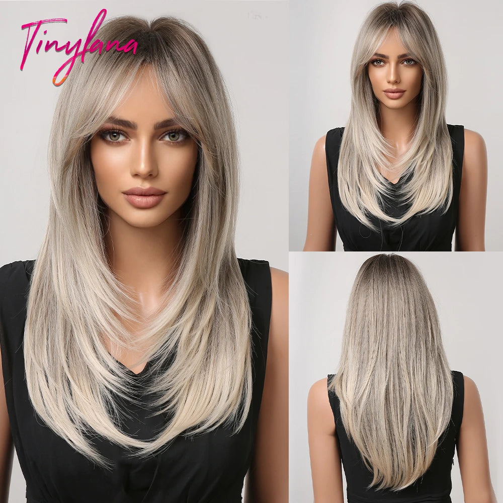Gray Ash Blonde Pink Highlight Synthetic Hair Wigs with Bangs Long Straight Ombre Cosplay Wig for Women Natural Layered Hair
