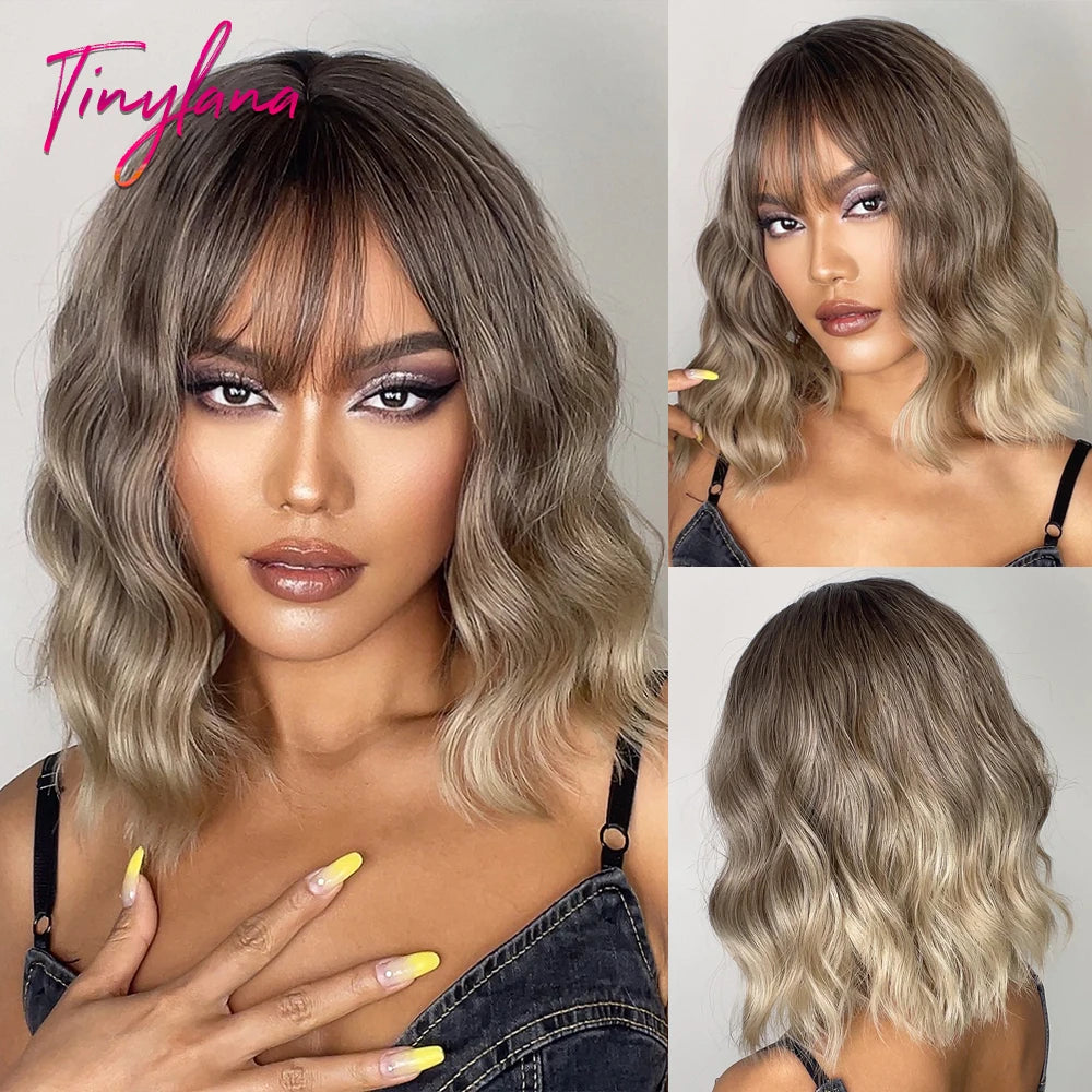 Rose Blonde Brown Short Bob Synthetic Wigs with Bangs Ash Blonde Natural Loose Wave Wig for Women Cosplay Heat Resistant Hair