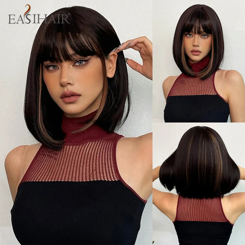 EASIHAIR Copper Ginger Synthetic Wigs with Bangs Medium Length Straight Hair Wig for Women Daily Cosplay Natural Heat Resistant