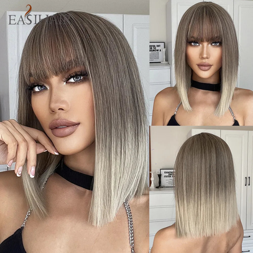 EASIHAIR Copper Ginger Synthetic Wigs with Bangs Medium Length Straight Hair Wig for Women Daily Cosplay Natural Heat Resistant