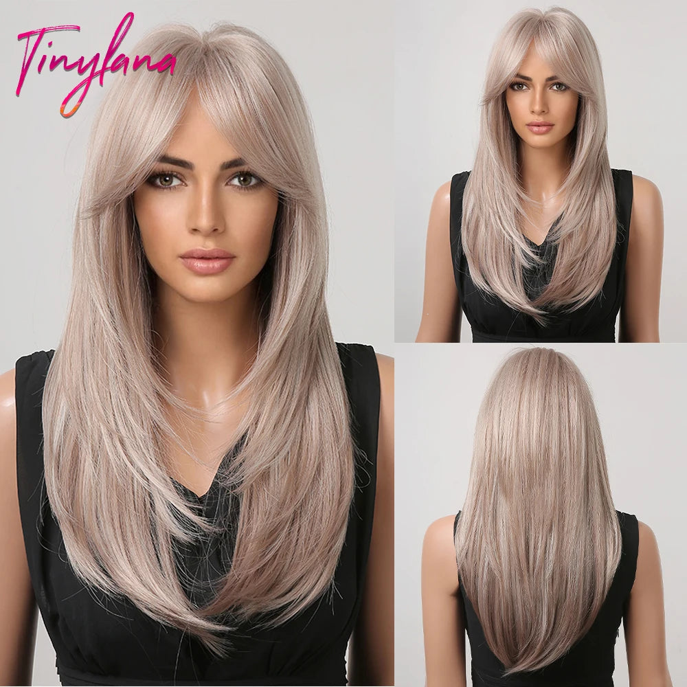 Gray Ash Blonde Pink Highlight Synthetic Hair Wigs with Bangs Long Straight Ombre Cosplay Wig for Women Natural Layered Hair