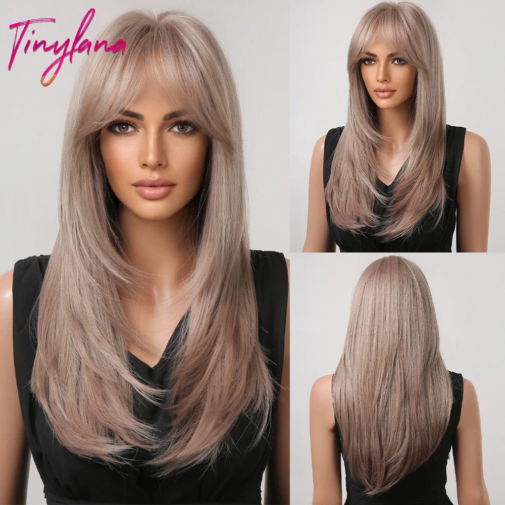 Gray Ash Blonde Pink Highlight Synthetic Hair Wigs with Bangs Long Straight Ombre Cosplay Wig for Women Natural Layered Hair