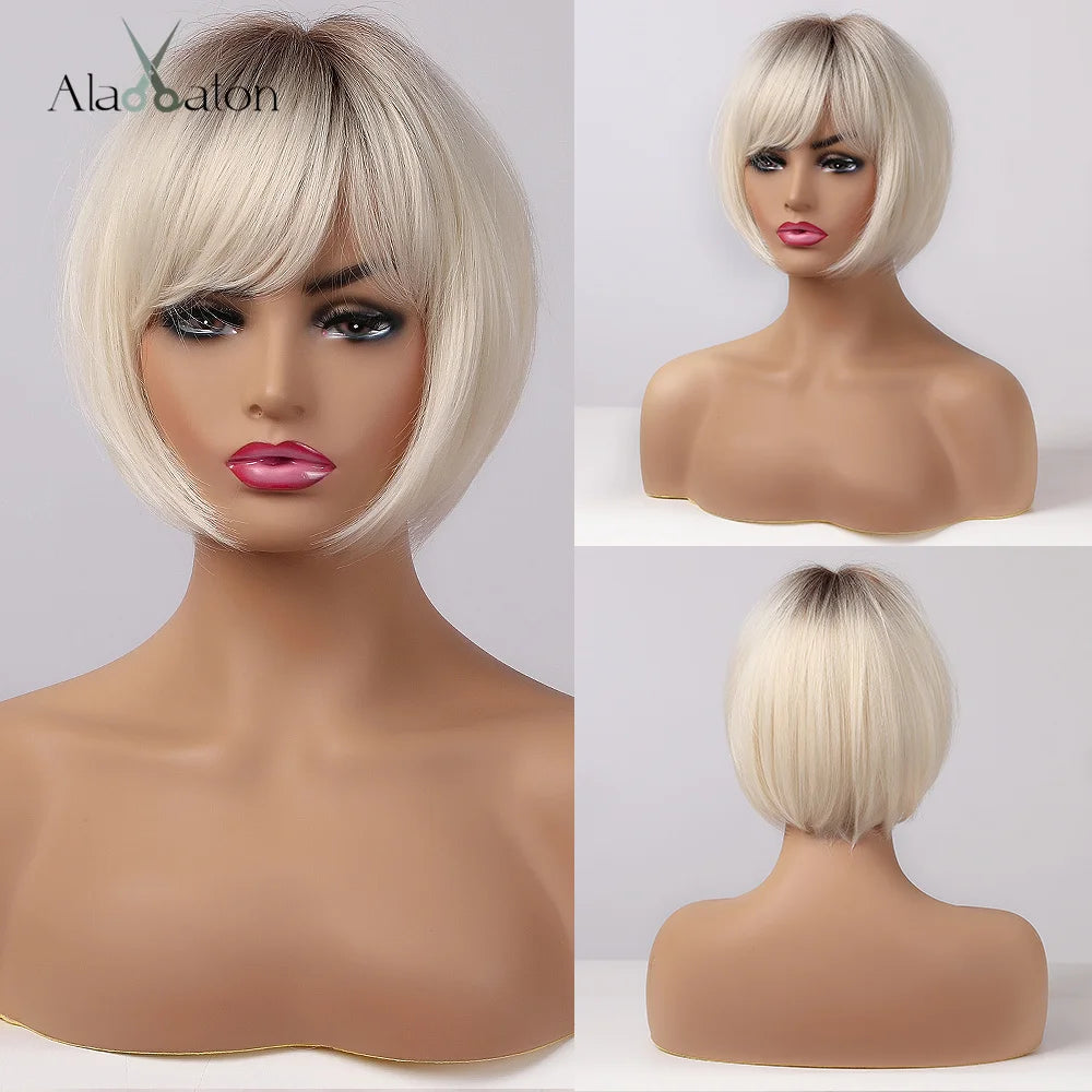ALAN EATON Platinum Blonde Synthetic Wigs for Women Hihlight Short Straight Bob Wig with Bangs Daily/Party Hair Heat Resisitant