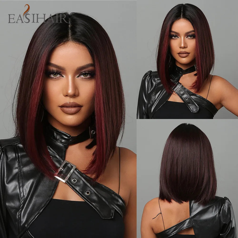 EASIHAIR Copper Ginger Synthetic Wigs with Bangs Medium Length Straight Hair Wig for Women Daily Cosplay Natural Heat Resistant