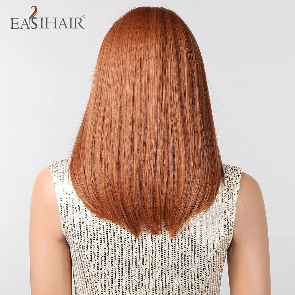 EASIHAIR Copper Ginger Synthetic Wigs with Bangs Medium Length Straight Hair Wig for Women Daily Cosplay Natural Heat Resistant