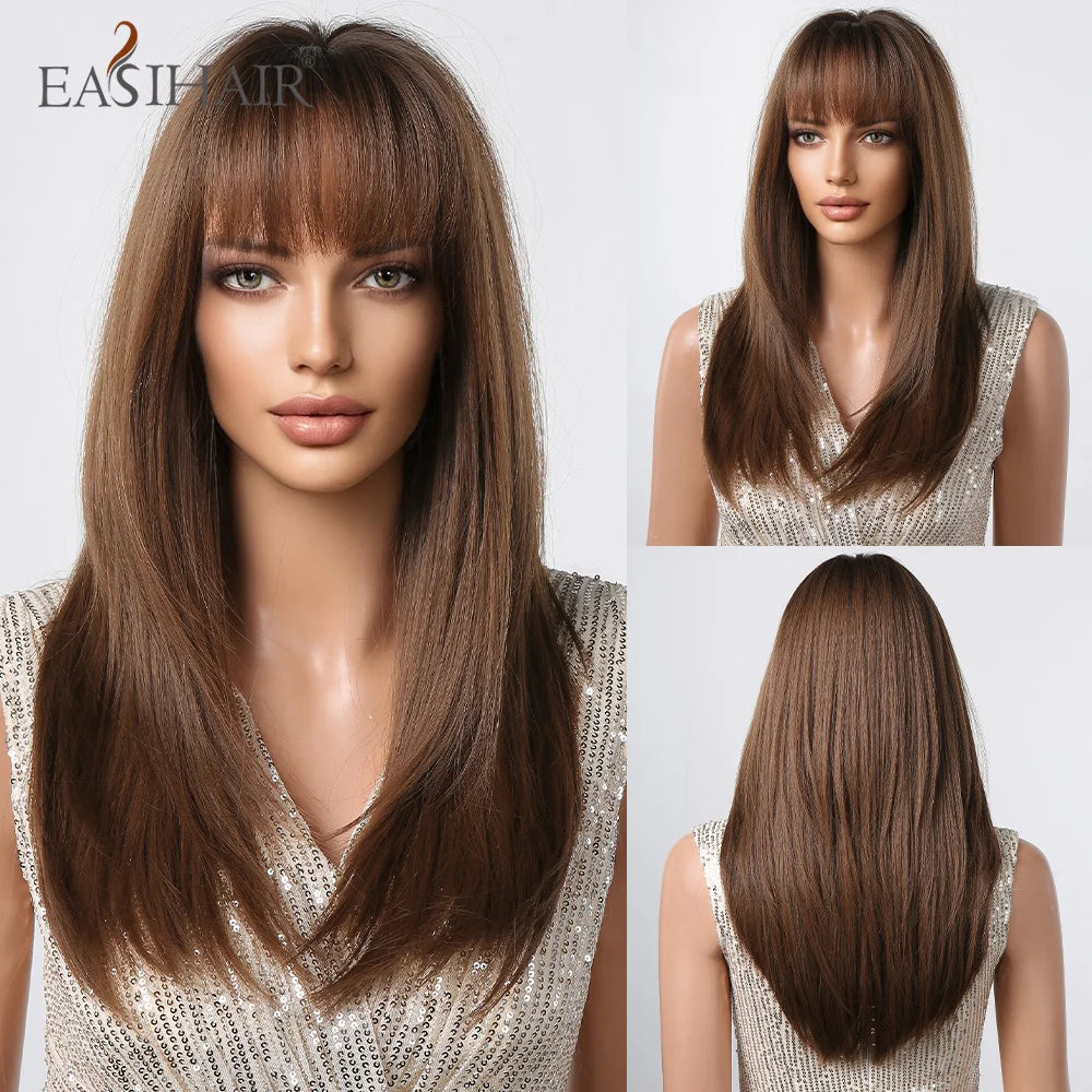 EASIHAIR Copper Ginger Synthetic Wigs with Bangs Medium Length Straight Hair Wig for Women Daily Cosplay Natural Heat Resistant
