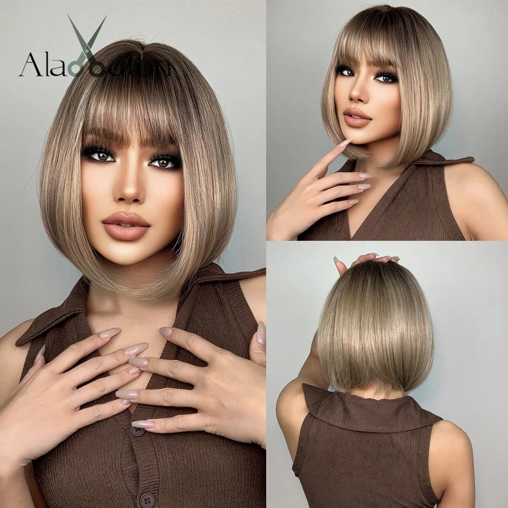 ALAN EATON Platinum Blonde Synthetic Wigs for Women Hihlight Short Straight Bob Wig with Bangs Daily/Party Hair Heat Resisitant