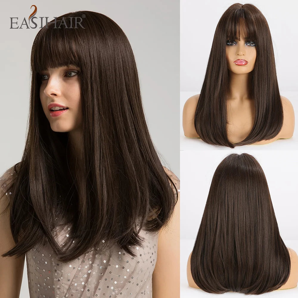 EASIHAIR Copper Ginger Synthetic Wigs with Bangs Medium Length Straight Hair Wig for Women Daily Cosplay Natural Heat Resistant