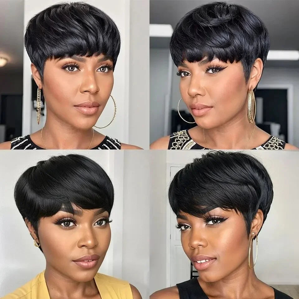 Layered Pixie Wig Human Hair For Black Women Full Machine Made Wigs With Bangs Short Bob Pixie Cut Brazilian Human Hair Wigs