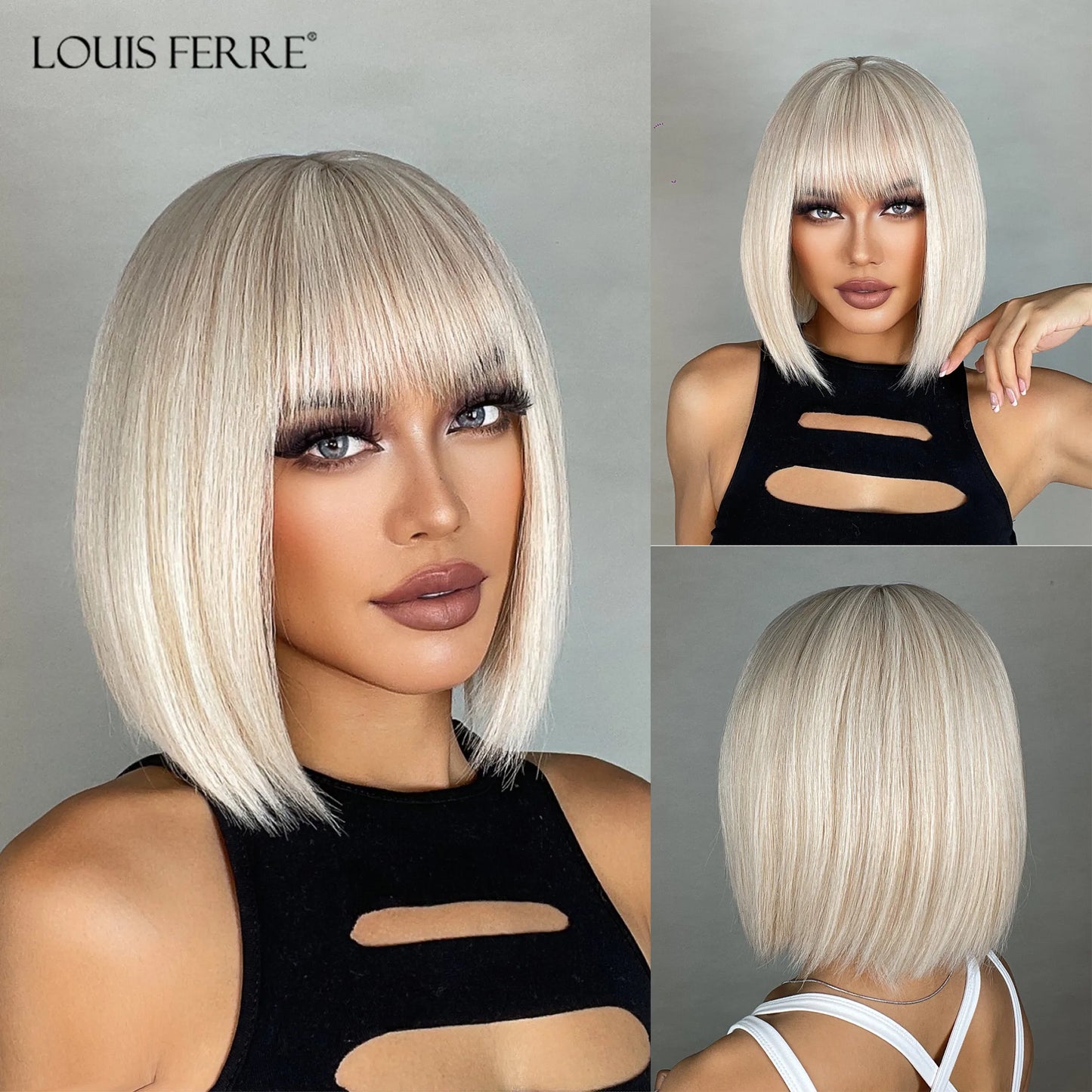 LOUIS FERRE Straight Pink Synthetic Wig for Women Short Bob Wig With Bangs Natural Hair Lolita Cosplay Heat Resistant Fashion