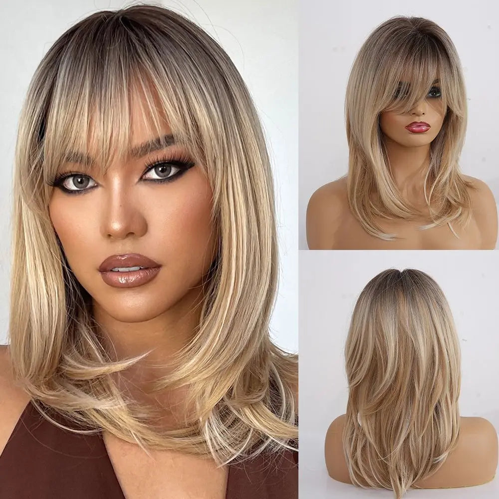 Gray Ash Blonde Pink Highlight Synthetic Hair Wigs with Bangs Long Straight Ombre Cosplay Wig for Women Natural Layered Hair