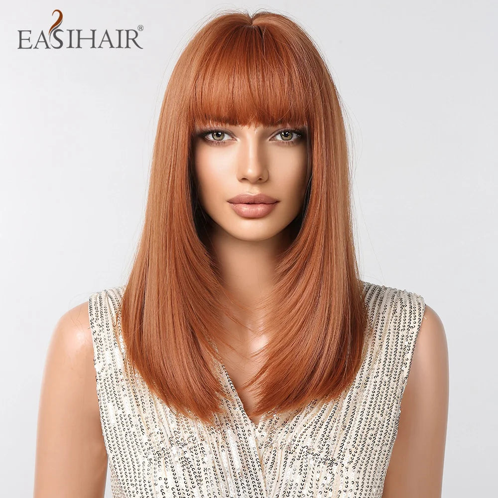 EASIHAIR Copper Ginger Synthetic Wigs with Bangs Medium Length Straight Hair Wig for Women Daily Cosplay Natural Heat Resistant