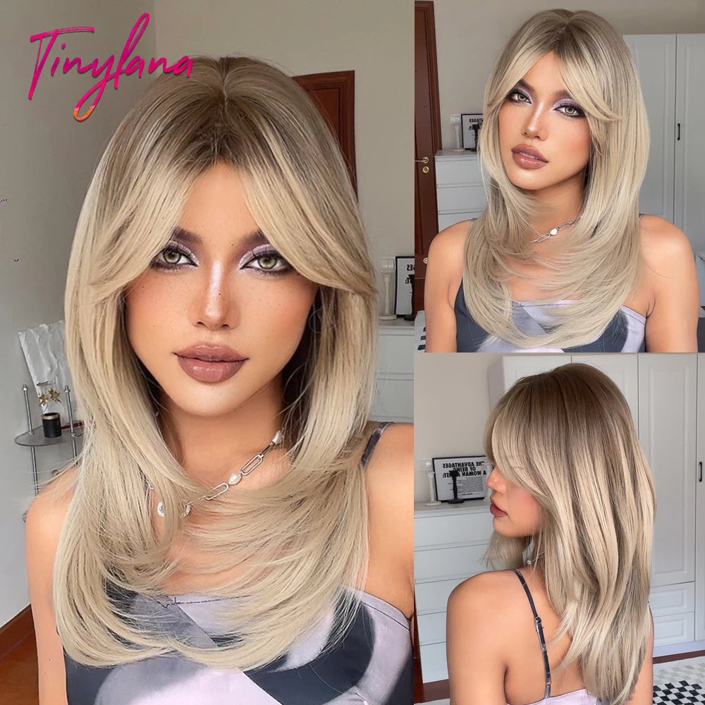 Gray Ash Blonde Pink Highlight Synthetic Hair Wigs with Bangs Long Straight Ombre Cosplay Wig for Women Natural Layered Hair