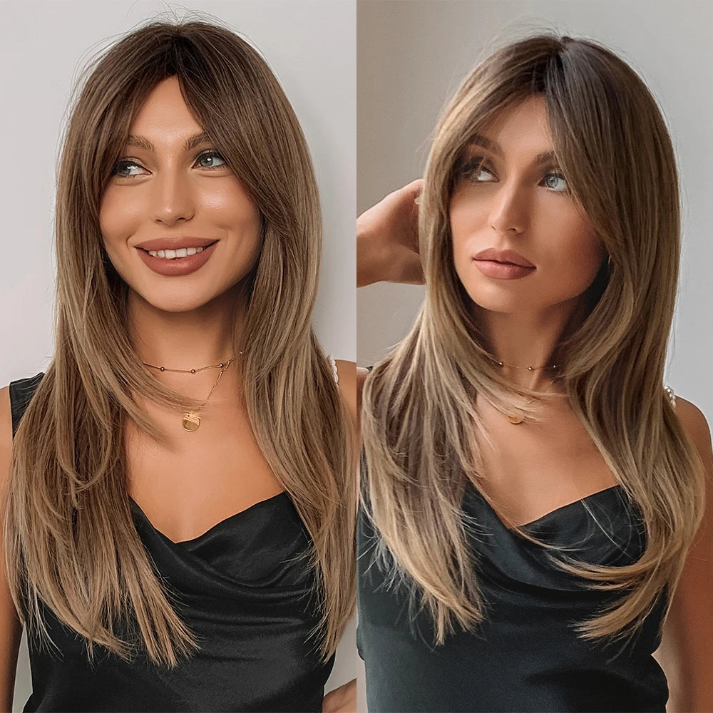 Gray Ash Blonde Pink Highlight Synthetic Hair Wigs with Bangs Long Straight Ombre Cosplay Wig for Women Natural Layered Hair