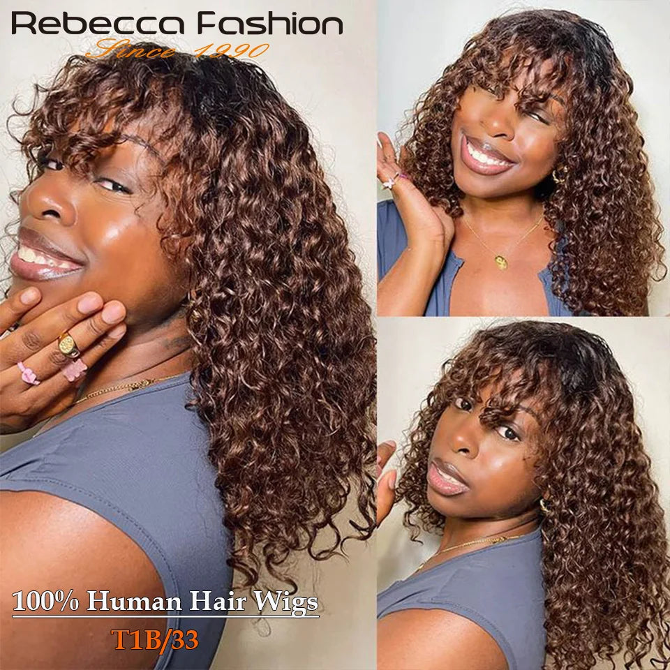 Jerry Curly Short Bob Human Hair Wigs With Bangs Wear To Go Glueless Wig Ombre 99J Water Wave Blonde Colored Wig For Women