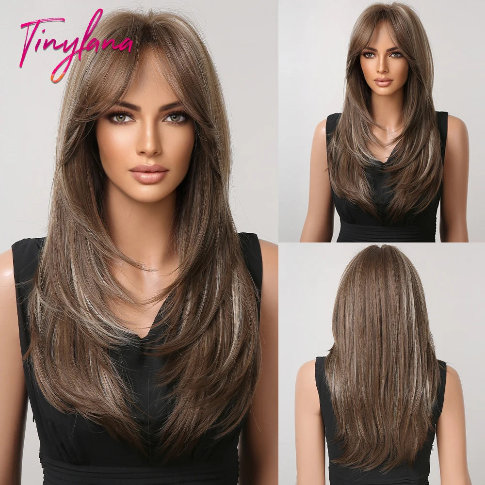 Gray Ash Blonde Pink Highlight Synthetic Hair Wigs with Bangs Long Straight Ombre Cosplay Wig for Women Natural Layered Hair