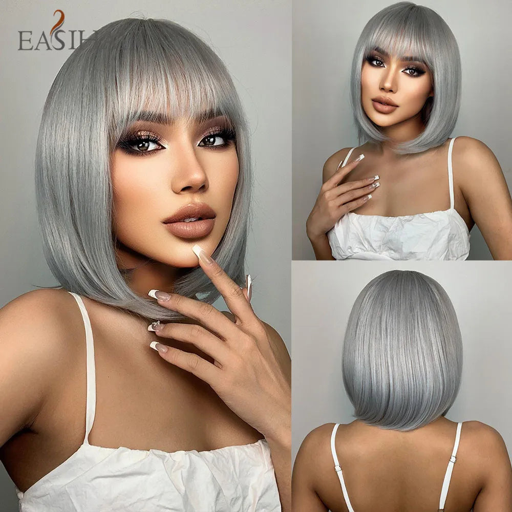 EASIHAIR Copper Ginger Synthetic Wigs with Bangs Medium Length Straight Hair Wig for Women Daily Cosplay Natural Heat Resistant