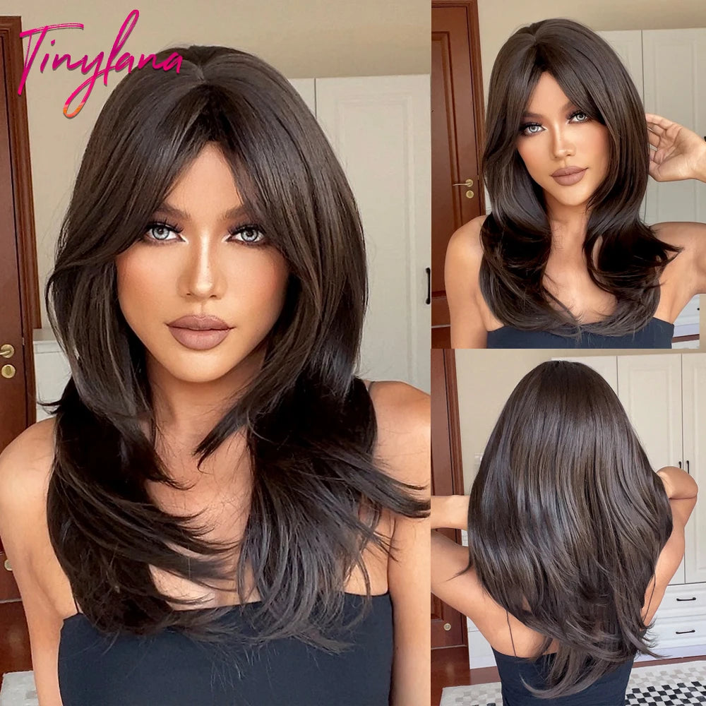 Gray Ash Blonde Pink Highlight Synthetic Hair Wigs with Bangs Long Straight Ombre Cosplay Wig for Women Natural Layered Hair