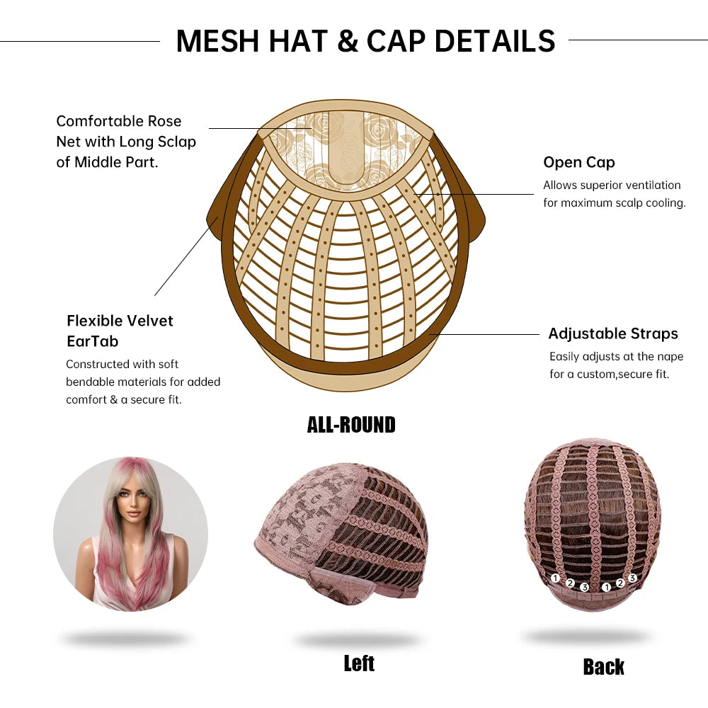 Gray Ash Blonde Pink Highlight Synthetic Hair Wigs with Bangs Long Straight Ombre Cosplay Wig for Women Natural Layered Hair