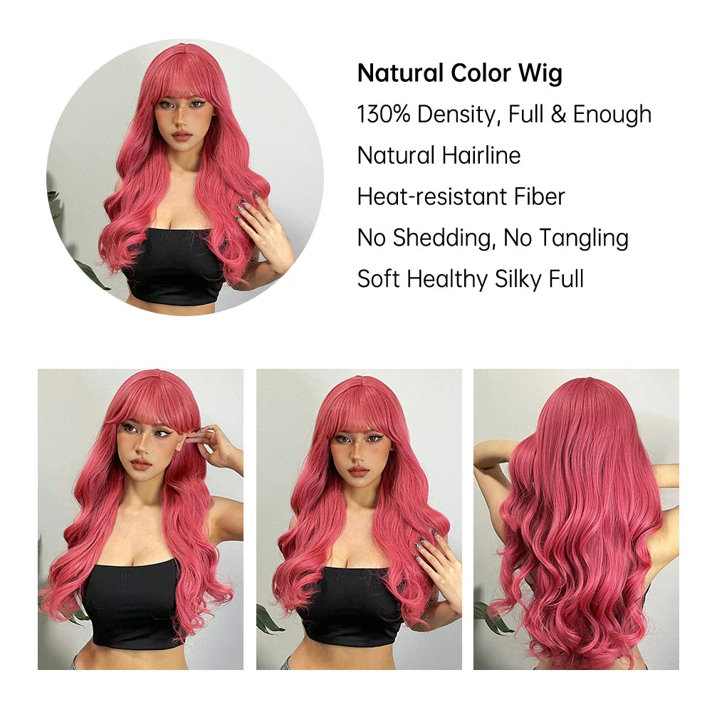 Pink Red Long Curly Wavy Synthetic Wigs Lolita Cosplay Hair With Bangs for Women Natural Water Wave Party Heat Resistant Wig