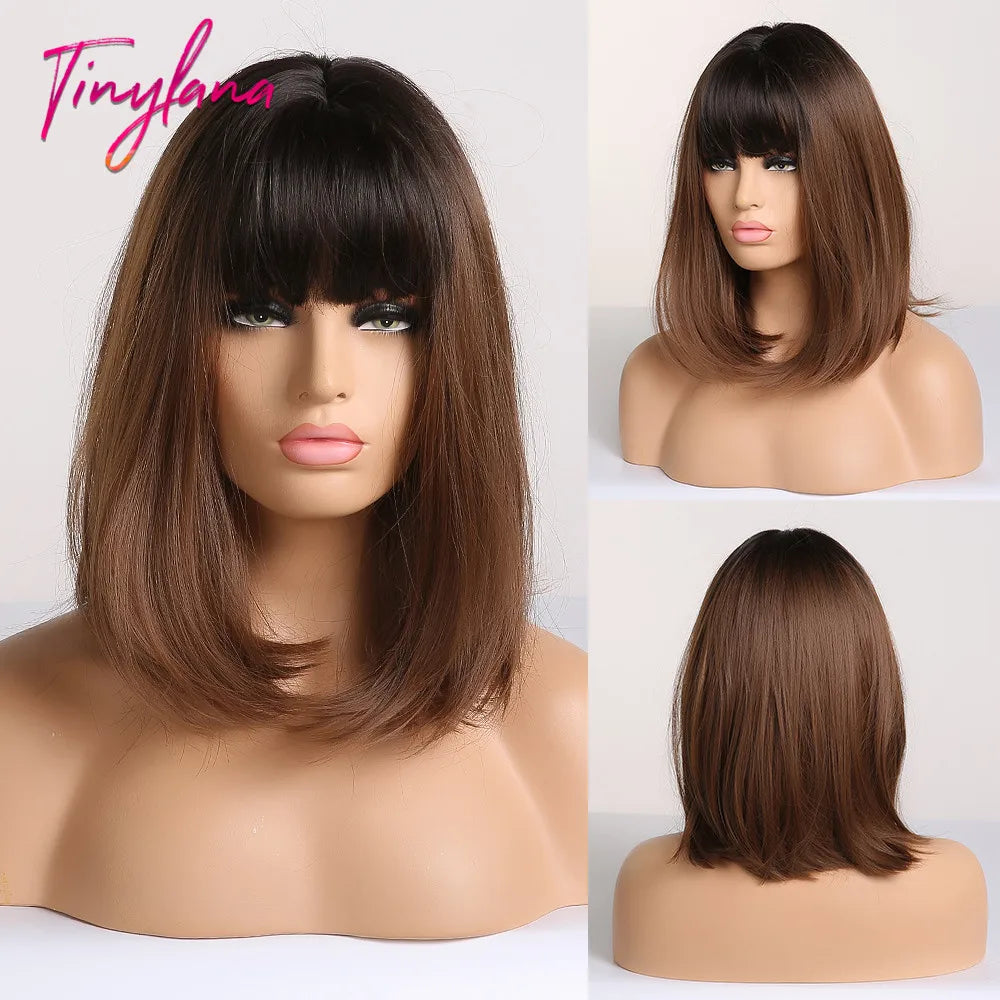 Medium Straight Black Bob Synthetic Wig with Bangs Short Honey Brown Wigs for Woman Auburn Natural Hair Daily Wig Heat Resistant