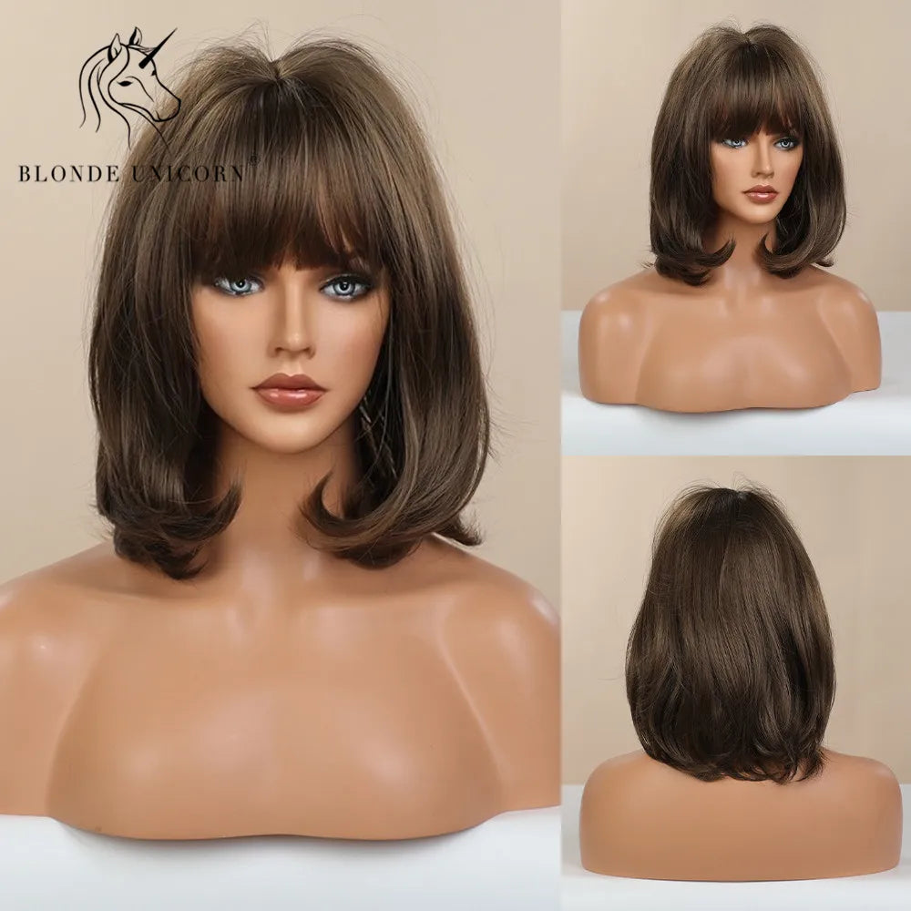 BLONDE UNICORN Synthetic Wig Natural Short Bob Wig Brown Blonde Straight Hair With Bangs Daily Use For Women Heat Resistant
