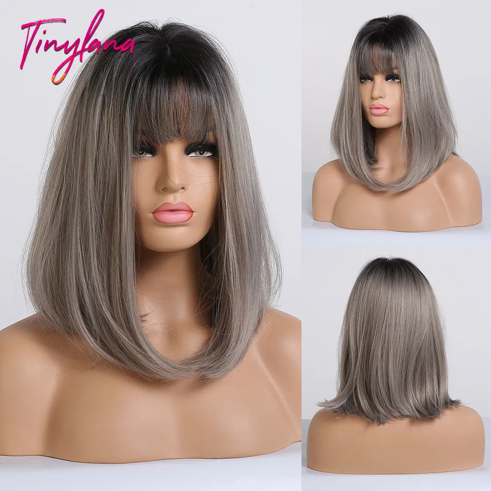 Medium Straight Black Bob Synthetic Wig with Bangs Short Honey Brown Wigs for Woman Auburn Natural Hair Daily Wig Heat Resistant
