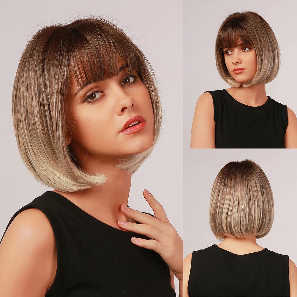 BLONDE UNICORN Synthetic Wig Natural Short Bob Wig Brown Blonde Straight Hair With Bangs Daily Use For Women Heat Resistant
