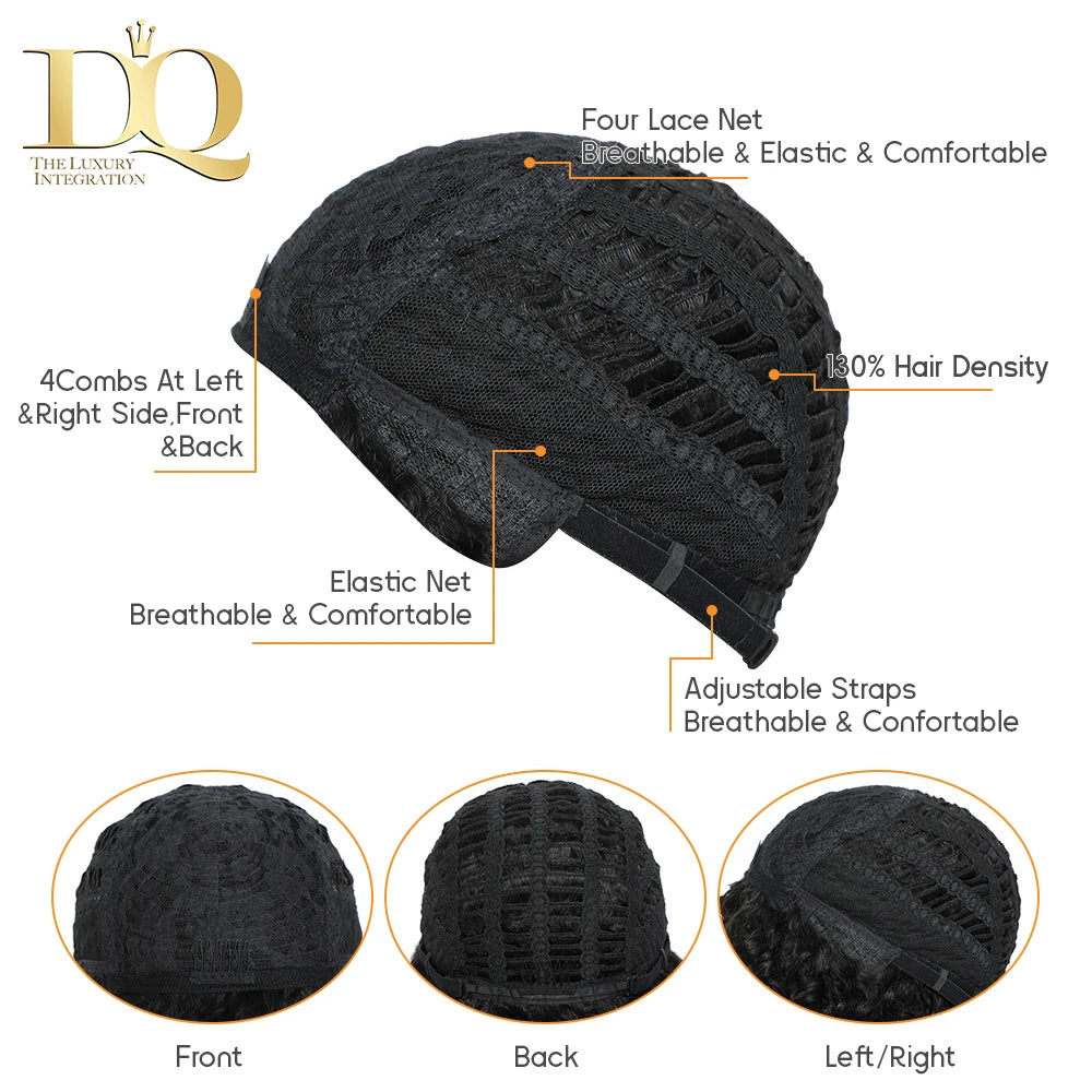 DQ Short Razor Cut Wavy Bob Pixie Wigs Non Lace Front Human Hair Wigs With Bangs For Women Full Machine Made Remy Brazilian