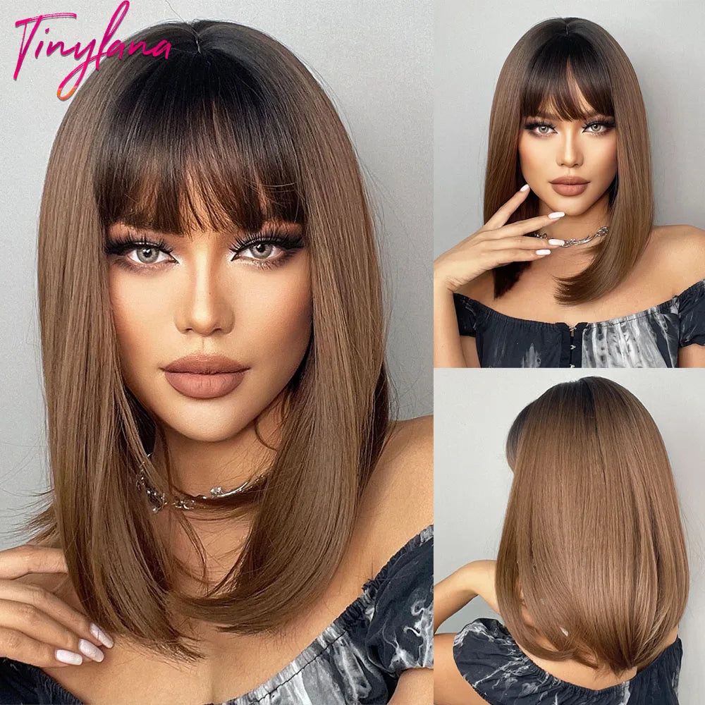 Medium Straight Black Bob Synthetic Wig with Bangs Short Honey Brown Wigs for Woman Auburn Natural Hair Daily Wig Heat Resistant