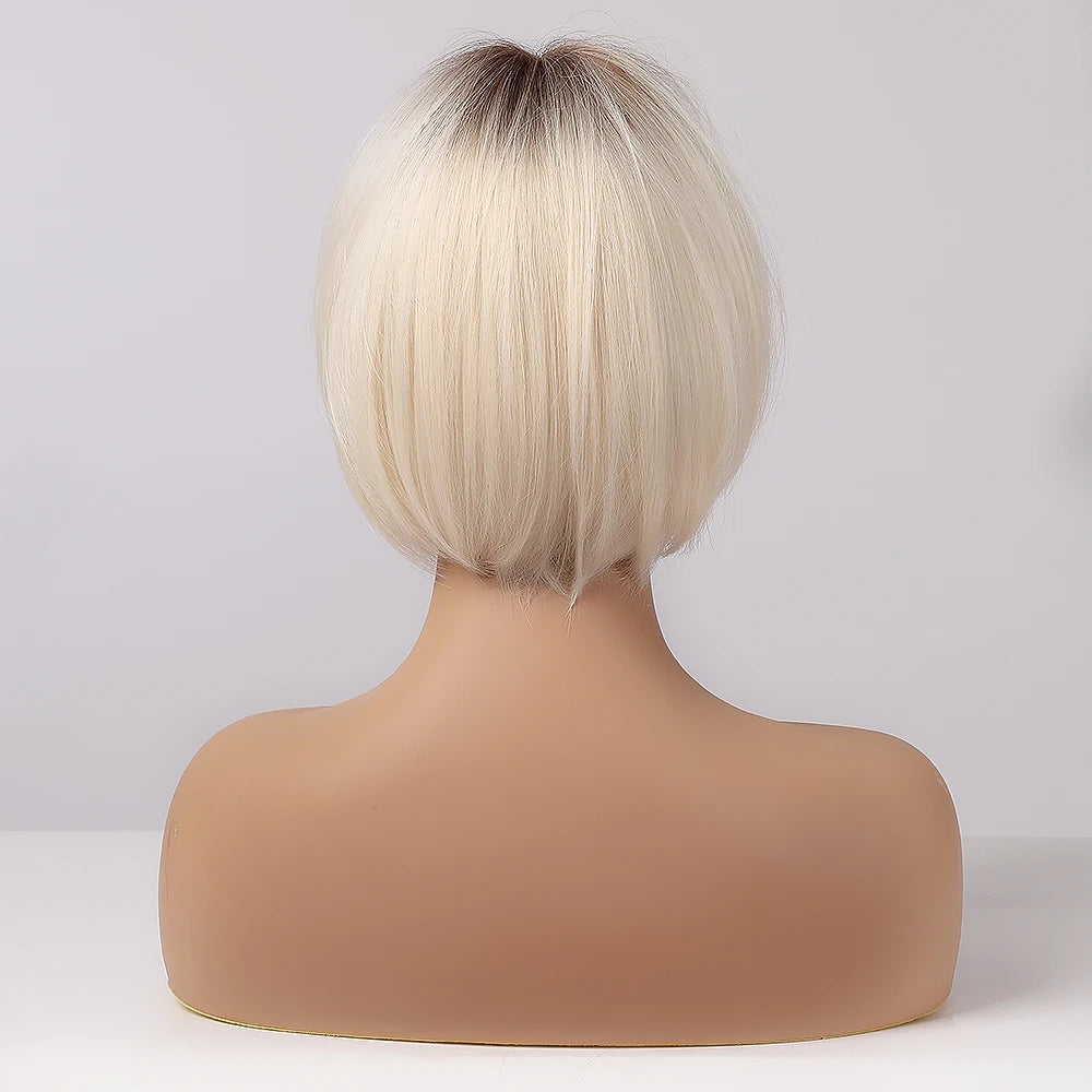 LOUIS FERRE Blonde Short Bob Wigs with Bangs Heat Resistant Synthetic Daily Cosplay Ombre Blonde Hair Wigs for White/Black Women