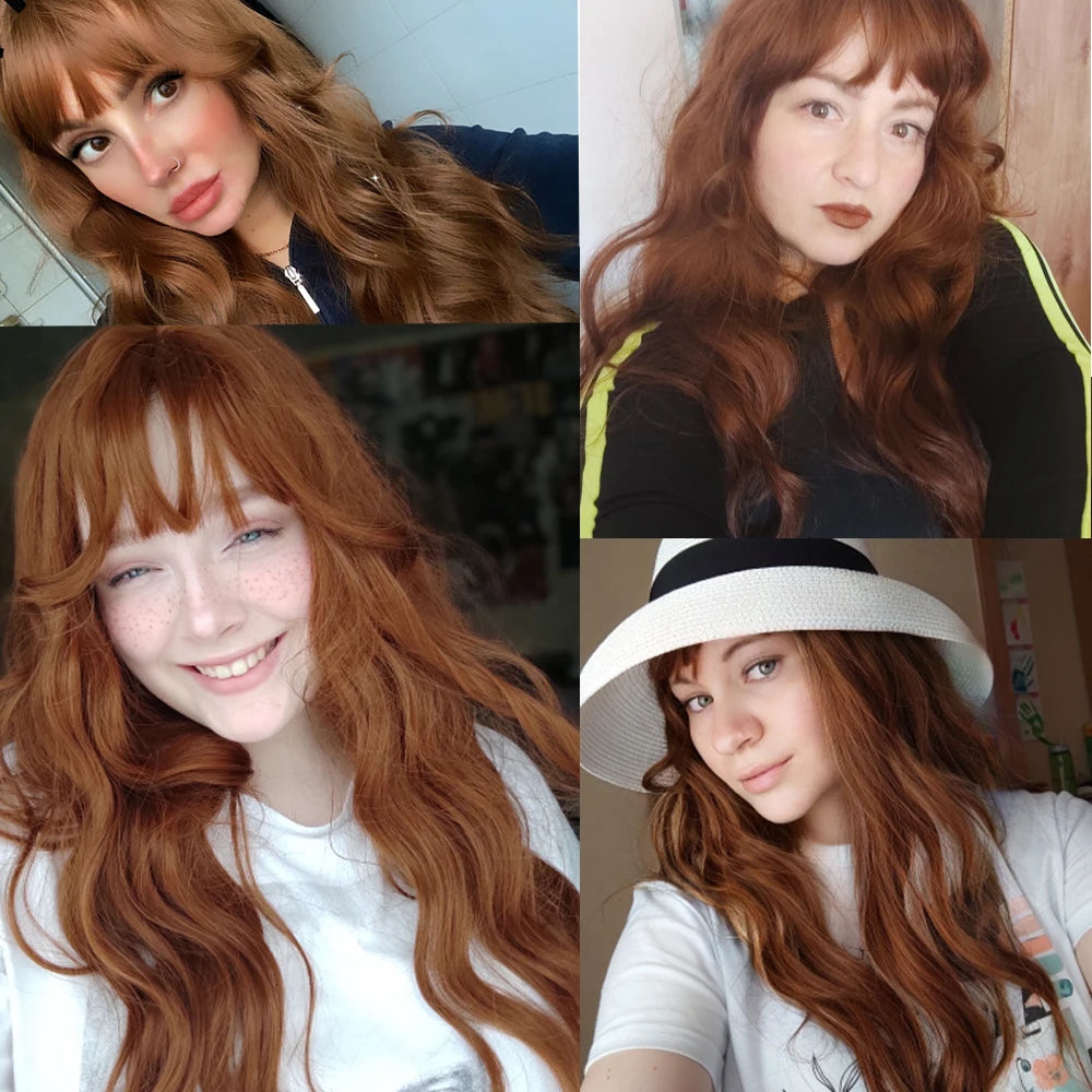 HENRY MARGU Long Wavy Brown Red Orange Wigs with Bangs Cosplay Party Heat Resistant Synthetic Hair Wigs for Black Women Afro