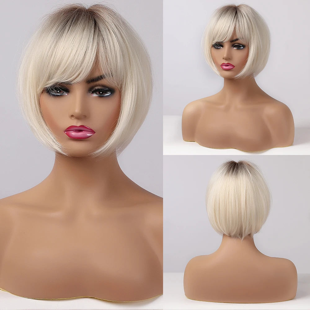 ALAN EATON Short Straight Ombre Brown Blonde Bob Wig With Bangs Synthetic Hair Wig for Women Cosplay Lolita Heat Resistant Fiber